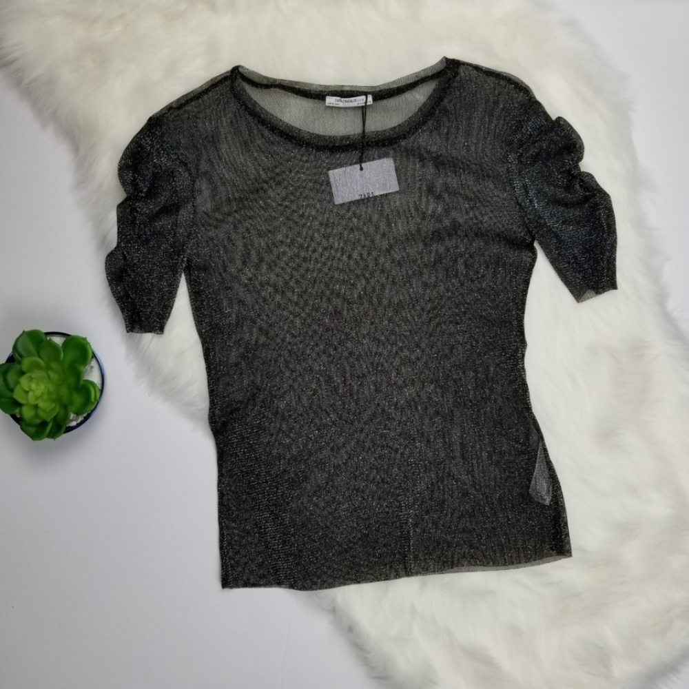 Zara Gathered Sleeve T-Shirt-Black-Size M